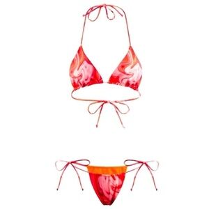 FARAI LONDON VALENTINA PINK MARBLE SWIRL STRING TRIANGLE TIE SIDE BIKINI SET